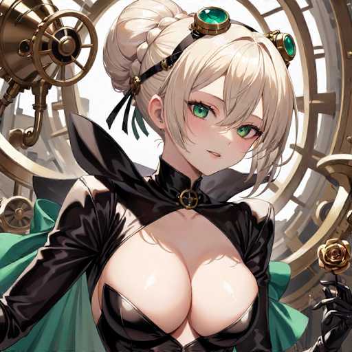 The image features a detailed illustration of an anime-style female character. She has long, blonde hair styled in a bun with bangs framing her face. Her striking green eyes are accentuated by a blush on her cheeks, giving her a lively expression. She is dressed in a black leather outfit that includes a cape and gloves, complemented by a green dress underneath. The character's attire is revealing, showcasing her large chest. She is holding a golden rose in her left hand. The background is adorned with intricate golden gears, adding a mechanical and fantastical element to the scene.
