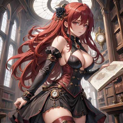 The image depicts a detailed, computer-generated illustration of an anime-style woman standing in a grand library. She has long, flowing red hair adorned with a black rose barrette and is dressed in a revealing black corset with red accents, complemented by a short black skirt. Her outfit includes black gloves that extend to her elbows, and she wears thigh-high red boots. A notable accessory is a red gem pendant hanging from her neck. The woman, who has striking red eyes, is holding an open book with a serious expression on her face. The library around her is richly detailed, featuring tall bookshelves filled with books, a large clock on the wall, and a chandelier hanging from the ceiling. The scene is well-lit, highlighting the intricate details of both the woman and her surroundings.