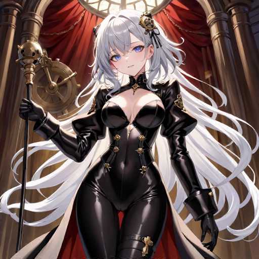 A woman with long white hair and blue eyes is standing in front of a red curtain, holding a golden staff and wearing a black outfit that includes a corset and boots.