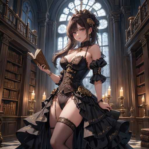 The image depicts a detailed, computer-generated illustration of an anime-style woman standing in a grand, ornate library. The woman, who has long brown hair adorned with a gold barrette, is dressed in a revealing black corset that exposes her cleavage and legs. She wears a sheer black skirt with gold accents, black stockings, and a choker necklace. In her right hand, she holds an open book, while her left hand rests on her hip. The library around her is filled with tall bookshelves brimming with books, and the walls are lined with numerous candle holders, each holding three lit candles. The room features a checkered black and white floor, and a balcony with a wooden railing is visible on the second floor. Behind the woman, a large arched window with intricate stained glass adds to the room's majestic ambiance.