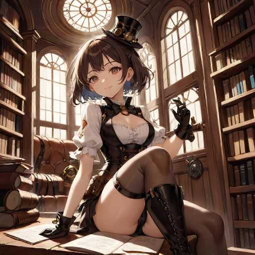 In this captivating image, we see a detailed illustration of an anime-style female character seated on a desk within a grand library. The character is dressed in a striking outfit that combines elements of a corset and a vest, paired with a white shirt underneath. Her attire is accentuated by black gloves, black stockings, and knee-high boots. She has short brown hair and wears a small top hat adorned with a pair of goggles, adding a touch of whimsy to her appearance. 

The setting is a majestic library with towering bookshelves that stretch from floor to ceiling, filled with an array of books. The room is bathed in natural light streaming through large, arched windows that line the walls, creating a serene and scholarly atmosphere. The character is positioned with one leg crossed over the other, her right hand resting on the desk while her left hand is raised, as if she is about to make a point or engage in conversation. The overall scene exudes a sense of quiet contemplation and intellectual curiosity.