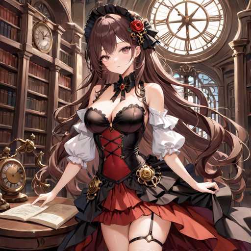 The image depicts a detailed anime-style illustration of a young woman with long, flowing brown hair adorned with a black bow and a red rose. She is dressed in a revealing outfit that includes a black corset with red accents, a red skirt, and a garter on her left leg. Her attire is complemented by white sleeves that extend to her elbows. The woman is seated at a round wooden table, holding an open book with both hands. The setting appears to be a grand library, characterized by tall bookshelves filled with numerous books, a large clock on the wall, and a smaller clock on the table. The scene is rendered in a palette of browns, reds, blacks, and whites, with a notable gold hue on the clock and book. The overall composition suggests a blend of fantasy and historical elements, creating a rich, immersive atmosphere.