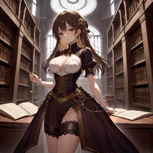 In this captivating image, an anime-style female character is depicted in a grand library setting. She is seated on a wooden table, surrounded by towering bookshelves that stretch up to the ceiling, filled with an array of books. The library's architecture is highlighted by large, arched windows that allow natural light to flood the space, creating a serene and scholarly atmosphere.

The character is dressed in a striking outfit that combines elements of a corset and a dress. The top part of her attire features a black corset with white cups, complemented by a black collar adorned with a gold brooch. Her dress has a flowing design, with a black and brown color scheme, and includes a lace detail on her thighs. She wears a silver watch on her right wrist and a silver bracelet on her left wrist. In her right hand, she holds a pen, suggesting she might be engaged in writing or drawing.

Her long brown hair cascades down her back, and she has a delicate flower tucked into it, adding a touch of elegance to her appearance. The overall scene beautifully blends the character's detailed and stylish attire with the rich, scholarly environment of the library.