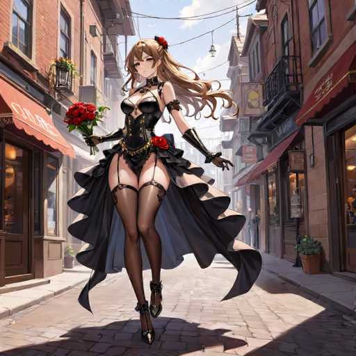 In this captivating image, an anime character is depicted in a striking and detailed scene. The character, a woman with long brown hair adorned with a red rose, is dressed in a black corset and thigh-high stockings, complemented by black high heels. She holds a bouquet of red roses in her right hand, while her left hand is extended outward. Her attire includes a flowing black dress that adds to her dramatic presence.

The setting appears to be a quaint European town, characterized by its cobblestone streets and red brick buildings. The buildings are two to three stories high, with some featuring balconies and hanging plants. Red awnings extend from the storefronts, adding a splash of color to the scene. The sky above is a clear blue with a few scattered clouds, and sunlight casts a warm glow on the buildings and the street below. The character stands in the middle of the street, her shadow visible on the ground, creating a striking contrast against the sunlit cobblestones.