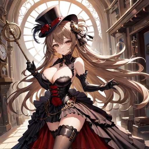 The image depicts a detailed, computer-generated anime-style woman standing in a stately, old-fashioned building. She is adorned in a black top hat embellished with a red ribbon, a black feather, and a red rose. Her long, flowing brown hair cascades down to her waist, with bangs framing her face. She has large, expressive brown eyes and a small mouth.

Her attire is a striking combination of black and red. She wears a black corset with red accents, including a red corset-like top and a red ribbon around her waist. The corset is laced up the front, and she has black gloves extending up to her biceps. Her dress is black with a red underlayer, and she sports thigh-high black stockings with buckles.

In her right hand, she holds a gold cane topped with a round circle and a smaller circle inside it. The background features a large, circular window with intricate designs, allowing light to filter through. To her left stands a tall, ornate grandfather clock, and to her right, there are bookshelves filled with books. The overall scene exudes an air of elegance and antiquity, with the woman as the central, captivating figure.