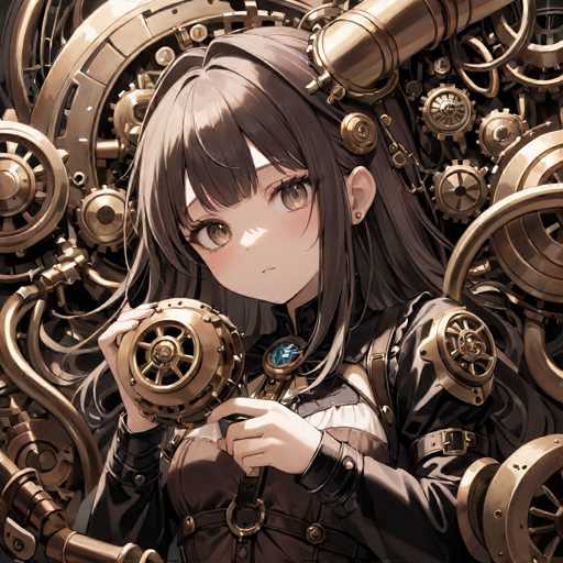 The image depicts a detailed, computer-generated anime-style illustration of a young woman with long, dark brown hair and bangs. She has large, expressive brown eyes and a small, delicate mouth. The woman is dressed in a dark brown, long-sleeved outfit adorned with numerous buckles and straps, giving it a steampunk aesthetic. A prominent blue gem is situated at the center of her chest, adding a touch of elegance to her attire. She is holding a large, circular metallic object, possibly a gear or wheel, in her right hand. The background is filled with an intricate array of gears, pipes, and other mechanical components, all rendered in a golden hue, enhancing the overall steampunk theme of the illustration.