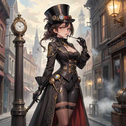 In this detailed anime-style illustration, a young woman stands confidently in the middle of a cobblestone street, framed by buildings on either side. She is adorned in a striking black leather outfit, complete with a long coat that features a red lining and a high collar. Her attire includes short leather shorts, black stockings, and black gloves. A black top hat, embellished with gears and a clock face, sits atop her brown hair, which is styled in a ponytail. She holds a cane in her right hand, while her left hand grasps the brim of her hat. The background reveals a cityscape with buildings, a church, and a clock tower, all shrouded in a light fog. To her left, a street lamp with a clock face adds to the intricate details of the scene. The overall color palette of the image is dominated by shades of black, red, and brown, enhancing the mysterious and somewhat steampunk atmosphere.