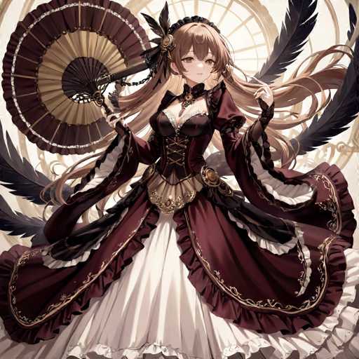 This image features a detailed illustration of an anime-style female character. She has long, light brown hair that cascades down to her waist, with bangs partially obscuring her large, expressive brown eyes. Her face is adorned with a small, delicate nose and a tiny mouth, giving her a sweet and innocent expression. She is dressed in a striking red dress with a low-cut neckline, revealing a hint of cleavage. The dress is accentuated with white frills at the bottom, adding a touch of elegance. She holds a red fan in her right hand, which is positioned behind her back. The background is a soft beige, adorned with intricate black feathers that add a touch of mystery and depth to the scene.