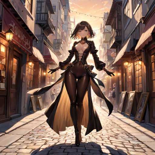 In this captivating image, a striking female character is depicted in a dynamic, almost floating pose. She is adorned in a sleek, black leather bodysuit that accentuates her figure, paired with a dramatic, flowing cape that adds an air of mystery and elegance. Her ensemble is completed with a pair of sleek boots, enhancing her powerful presence. The character's face is notably featureless, with no eyes, nose, or mouth, giving her an enigmatic and otherworldly appearance. Her short, dark hair frames her face, adding to her enigmatic allure.

The backdrop is a picturesque cobblestone street, lined with quaint shops that evoke a sense of charm and nostalgia. The buildings are closely packed, creating an intimate, almost enclosed atmosphere. Above, the sky is painted in warm hues of orange and yellow, suggesting either a sunrise or sunset, which bathes the scene in a soft, golden light. The overall composition blends elements of fantasy and realism, drawing viewers into a mesmerizing world where the extraordinary meets the everyday.
