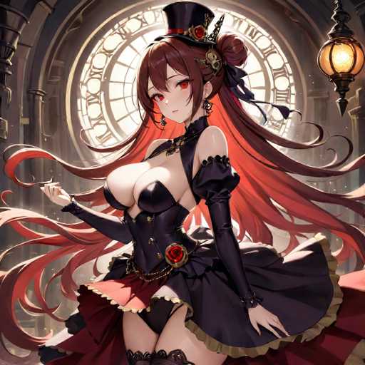 This detailed illustration depicts a striking anime-style woman with long, flowing red hair that cascades down her back. She is adorned in a black dress that features a revealing neckline, showcasing her ample bosom. The dress has puffy sleeves that taper into long gloves extending up to her biceps. A distinctive red rose embellishes her waist, adding a touch of elegance to her attire. Her hair is styled with a black top hat, which is adorned with a red ribbon and a small skull ornament, enhancing her gothic aesthetic. She has piercing red eyes and wears a choker around her neck, completing her elaborate look. The background reveals a grand, cathedral-like setting with a large, ornate clock and a hanging lantern, adding to the majestic atmosphere of the scene.