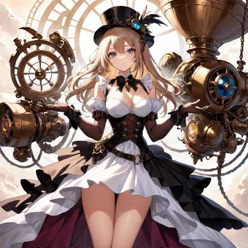 This detailed illustration features a striking anime-style female character set against a backdrop of a cloudy sky. The character is adorned in a distinctive black top hat embellished with a blue jewel and a black feather. Her long, flowing blonde hair cascades down, framing her face. She has large, expressive blue eyes and a small, delicate mouth.

Her attire is a revealing white dress with a bustier-style corset that ties up the front, complemented by a black bow tie at the neckline. The dress is accentuated with a black belt featuring a gold buckle and a brown belt with a gold chain hanging from it. The skirt of the dress is short, revealing her legs, and it is adorned with a mix of black and white ruffles.

In her hands, she holds two intricate mechanical devices. The device in her right hand resembles a ship's steering wheel, while the one in her left hand appears to be a complex machine with a large, round blue jewel at its center. The background is filled with clouds, adding a dreamy atmosphere to the scene.