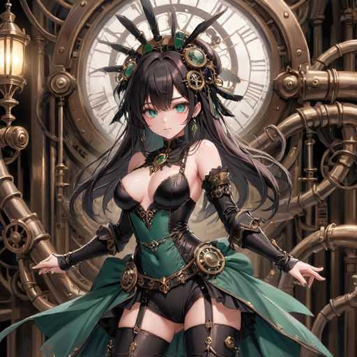 This image features a detailed, computer-generated anime-style drawing of a young woman with long, dark hair adorned with a golden crown embellished with green jewels. She has striking blue eyes and is dressed in a revealing, steampunk-inspired outfit. The ensemble includes a black bustier with green accents, a green corset, and a flowing green skirt. She also wears thigh-high black stockings with garters and long black gloves that extend to her elbows. Her hands are positioned outwards, and she gazes directly at the viewer. The background is a complex array of golden pipes and machinery, with a prominent, large clock displaying Roman numerals. A lit lantern is visible in the upper left corner, adding to the intricate and detailed setting.