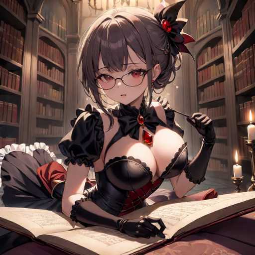 A woman with long dark hair and glasses is sitting at a desk in front of an open book, wearing a black dress and holding a pen. The room has tall bookshelves filled with books on the left side, and there are two candles burning on the right side of the image.