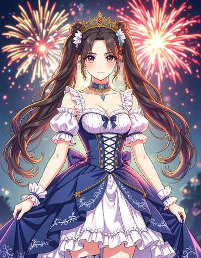 The image features a detailed drawing of an anime-style girl with long, dark brown hair styled into two pigtails. She is adorned with a golden crown that has a red jewel at its center. Her hair is decorated with white and blue flowers, and she wears a choker necklace with a blue jewel. The girl's eyes are a captivating blend of orange and yellow, and she has a small, delicate nose and a tiny mouth. She is dressed in a white and blue corset-style dress with a laced-up bodice and a blue skirt that has a white underlay. The dress is further embellished with white floral patterns. She holds the sides of her dress with both hands, revealing her legs. The background is a dark blue night sky filled with colorful fireworks in shades of yellow, red, and white, adding a festive and magical atmosphere to the scene.