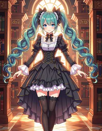 The image features Hatsune Miku, a popular virtual singer and Vocaloid character, depicted in a detailed anime-style drawing. Miku is portrayed with her signature long, wavy blue hair styled into two high pigtails, each adorned with brown bows and white flowers. Her large, expressive blue eyes and small, delicate features are characteristic of her design. She is dressed in a Victorian-inspired black dress with intricate white lace details, including a white collar and cuffs. The dress is accentuated with a black corset that has gold trim, and she wears black stockings with lace tops. Miku stands in a grand library, surrounded by tall bookshelves filled with books. Behind her, a large arched window allows sunlight to stream in, casting a warm glow on the scene. The floor beneath her is tiled in a pattern of light and dark brown squares, adding to the classic ambiance of the setting.