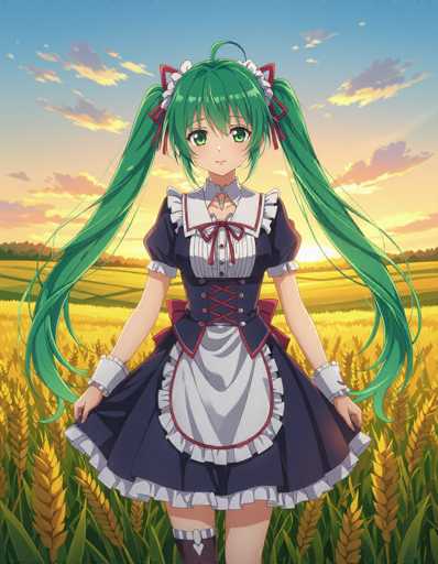 A young girl with long green hair and a blue dress stands in the center of a field at sunset, holding a basket.