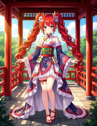 This detailed anime-style illustration features a young girl with long, curly red hair styled into two high pigtails, each adorned with flowers. She stands gracefully on a stone-tiled platform, which is part of a red wooden structure resembling a Japanese temple or shrine. The girl is dressed in a traditional kimono, predominantly white with intricate floral patterns in shades of red, pink, and blue. The kimono is accentuated by a green sash tied around her waist, and she wears red sandals on her feet. Her arms are extended to her sides, and she gazes directly at the viewer with a serene expression. The background reveals a picturesque landscape with lush green trees and a clear blue sky dotted with white clouds, adding to the tranquil and cultural ambiance of the scene.