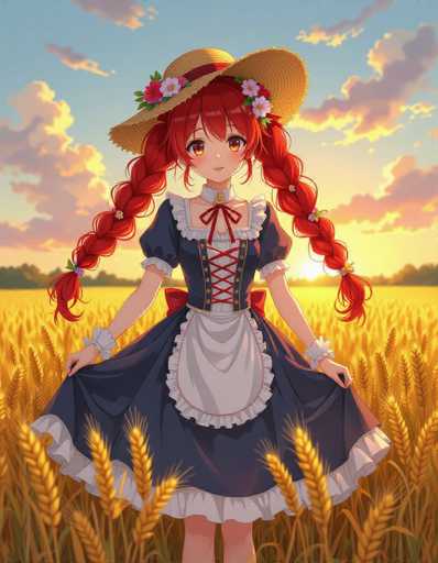 A young girl with red hair and a blue dress stands in a field of tall yellow wheat under a straw hat.