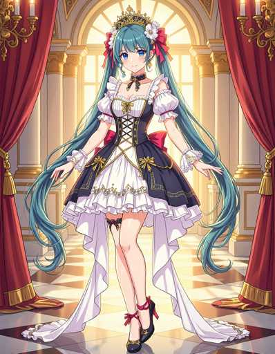 The image features Hatsune Miku, a popular virtual singer and Vocaloid character, in a detailed and elegant outfit. She is adorned in a black dress with intricate gold accents, including gold bows and a gold belt. The dress has a white section that extends to her knees, complemented by a long train that flows behind her. Miku's ensemble is completed with black high heels that have red straps around her ankles.

Her long, flowing blue hair cascades down to her feet, with two strands framing her face and the rest trailing behind her. She wears a black choker with a gold bow tie and a crown that features blue jewels and white flowers. Miku's large, expressive blue eyes and small nose are characteristic of her design.

The setting is a grand, castle-like room with white walls and gold trim. The floor is a striking black and white checkered pattern. Red curtains with gold tassels are pulled back on either side of Miku, revealing a large window behind her. The window is framed by white columns with gold accents and features a gold archway. Sunlight streams through the window, illuminating Miku and casting a warm glow on the room.
