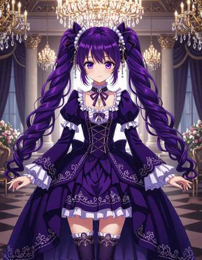 A young girl with long purple hair and a purple dress stands in front of a chandelier, holding her hands out as if ready for an adventure or dance. The room is filled with white walls and gold accents, creating a luxurious atmosphere.