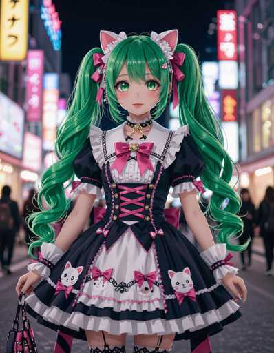 A young girl with green hair and a black dress stands on a city street at night, holding a purse and wearing a white bow around her neck. The background is filled with neon signs and buildings, creating an urban atmosphere.