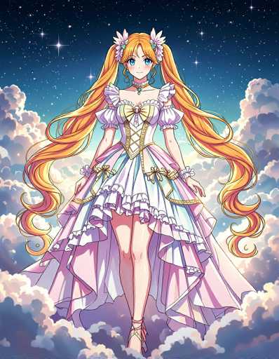 This detailed illustration features a young anime girl with long, flowing orange hair adorned with white flowers. She is dressed in a short, frilly dress that combines shades of pink, white, and blue, with a yellow bow at the top. The dress has puffy sleeves and a corset-like bodice, complemented by a pink and blue skirt. Her legs are bare, and she wears pink shoes with straps around her ankles. The girl stands confidently with her hands on her hips, her blue eyes and small smile adding to her cheerful demeanor. She is positioned in the center of the image, set against a backdrop of a starry night sky and fluffy clouds, creating a dreamy, ethereal atmosphere. The overall color palette includes shades of pink, white, blue, orange, yellow, and black, enhancing the whimsical and enchanting feel of the scene.