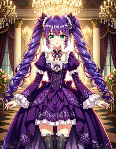 The image features a young anime girl with long, curly purple hair styled into two braids that drape over her shoulders. She has striking blue eyes and is dressed in a purple dress adorned with white frills at the sleeves and hem. The dress also features a corset-like design with gold lines and a purple bow at the neckline. She is wearing black boots that reach up to her knees, which are decorated with purple and gold accents. The girl stands in a grand, opulent room with a black and white checkered floor. Behind her, there are large windows with red curtains, and the room is illuminated by numerous chandeliers hanging from the ceiling. The walls are white, and the space is filled with flowers and chairs, adding to the luxurious atmosphere.