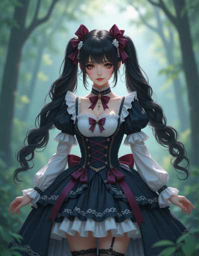 The image depicts a young woman with long dark hair wearing a traditional dress and two red bows on her head. She is standing in front of trees, suggesting an outdoor setting or perhaps a forest-like environment. The woman's pose and attire give the impression that she might be participating in a special event or celebration.