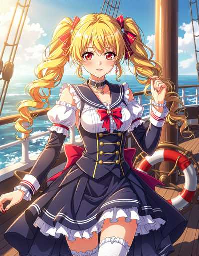 The image depicts a young anime girl standing on the deck of a ship. She has long, curly blonde hair adorned with red ribbons and is wearing a sailor-style dress. The dress features a white top with a red bow at the center, a black corset with gold buttons, and a black skirt with white frills at the bottom. She is also wearing white knee-high socks. The girl is positioned in front of a large wooden ship's wheel, which has a red and white life preserver hanging from it. The background reveals the blue ocean and a clear sky with white clouds, indicating a bright, sunny day. The girl is looking directly at the viewer with a cheerful expression.