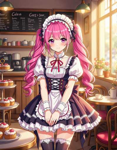 In this vibrant and detailed scene, we see an anime-style illustration of a young woman standing in the center of a cozy coffee shop. She has long, flowing pink hair styled into two pigtails, each adorned with a black bow. Her bangs frame her face, which features striking purple eyes and a small, delicate nose. She is dressed in a classic maid outfit, complete with a white apron, a black corset, and a white collar. A red bow tie sits neatly at her neck, adding a pop of color to her ensemble. Her arms are positioned in front of her, and she wears black thigh-high stockings, with the tops of her legs just visible.

The background reveals a bustling coffee shop setting. To the left, there is a counter displaying an array of pastries, including cupcakes and muffins, all beautifully decorated. Above the counter, a chalkboard menu lists various items, with "Cafe" prominently written at the top. The right side of the image features a window adorned with potted plants, allowing natural light to filter into the space. Below the window, a table with a white top and a brown base is set with a coffee cup, a saucer, and a small vase. The floor is a warm brown, complementing the overall cozy atmosphere of the shop.