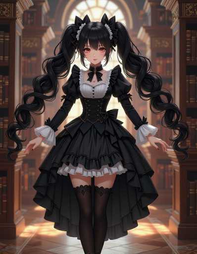 A young woman with long black hair and red eyes is standing in a library surrounded by bookshelves filled with various books. She is wearing a black dress with white ruffles and a black headpiece adorned with a bow on her shoulders. The lighting in the room creates an ethereal glow, highlighting the details of the scene.