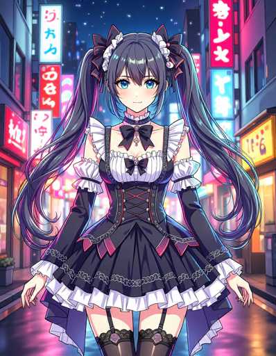 In this captivating image, a young anime girl stands prominently in the foreground, set against the vibrant backdrop of a bustling city street. The scene is illuminated by an array of neon signs, predominantly in shades of red, blue, and yellow, adorned with Japanese characters. These signs, affixed to buildings on both sides of the street, cast a colorful glow that reflects off the wet pavement, suggesting recent rainfall.

The girl, with her long, dark hair styled into two ponytails secured by black and white ribbons, exudes a sense of elegance and whimsy. Her large, expressive blue eyes and delicate features are accentuated by her attire—a striking black and white dress. The dress features a black corset with red laces, a white collar, and a black bow at the neckline. The sleeves are black with white frills at the ends, and the skirt is black with white frills, complemented by black thigh-high stockings.

Her pose is relaxed yet poised, with her hands resting at her sides, and she gazes directly at the viewer, creating an engaging and enchanting scene.