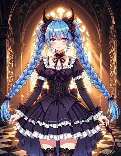 This detailed image features a striking anime-style character, a young girl with long, light blue hair styled into two braids that cascade down to her waist. Each braid is adorned with a bow at the end, and she wears two additional bows on either side of her head, complemented by black devil horns. Her attire is a dark purple dress with white frills at the bottom, a corset-like top, and long sleeves, exuding a gothic Lolita aesthetic. She stands in a grand, ornate room with a black and white checkered floor, large arched windows behind her that allow sunlight to stream in, and intricate columns lining the walls. The room's architecture, reminiscent of a cathedral, adds to the dramatic and elegant atmosphere. The character's large, expressive eyes and small mouth enhance her captivating appearance.