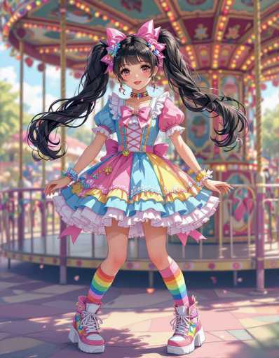 A young girl with long black hair is standing on a carousel at an amusement park. She is wearing a colorful dress and has rainbow socks on her feet. The background features a carousel with lights and decorations, creating a festive atmosphere.