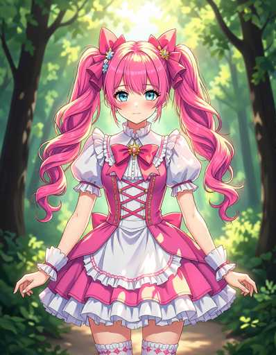 In this captivating image, a young girl stands gracefully in a lush forest, her vibrant pink hair adorned with two delicate bows. Her large, expressive blue eyes and small, button nose add to her innocent charm. She is dressed in a delightful pink and white dress, featuring a prominent bow at the top and a corset-like design with crisscrossing pink straps. The dress is complemented by white sleeves and a white skirt, with pink accents adding a touch of whimsy. Her legs are partially visible, revealing a hint of skin and pink socks decorated with red flowers. The forest around her is dense with tall trees, their green leaves filtering the sunlight, creating a serene and enchanting atmosphere. The girl stands on a brown dirt path, her hands gently resting at her sides, as she gazes directly at the camera, exuding a sense of curiosity and wonder.