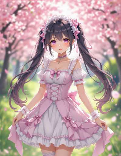 A young girl with long dark hair is standing in a garden surrounded by cherry blossom trees and pink flowers. She is wearing a white dress with pink lace trim and a pink headband adorned with white flowers. The girl's face is lit up with a smile as she looks directly at the camera, creating an engaging and lively atmosphere.