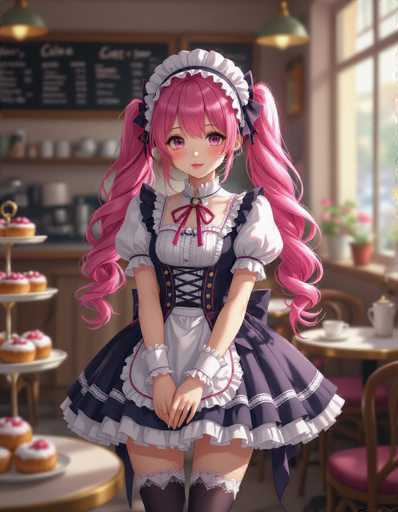 A young girl with pink hair and a white dress stands in front of a window, wearing a maid's outfit that includes a pink headband and a matching pink bow on her hair. Behind the girl is a display case filled with pastries, including donuts and cakes. The background features a window overlooking a street lined with trees.