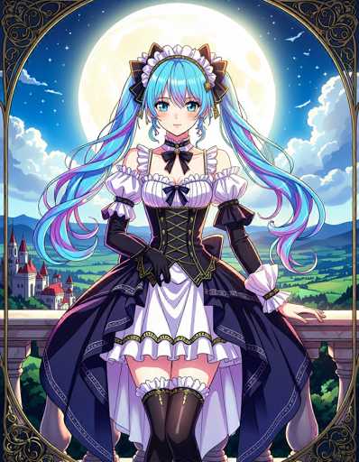 The image depicts a detailed anime-style drawing of a young woman with long, flowing blue hair adorned with purple highlights. She is dressed in a Victorian-inspired outfit, featuring a black corset with gold accents and a white frilly top. Her attire includes black gloves, a black choker with a gold clasp, and a black headband with white frills. The woman's blue eyes and pink cheeks add to her delicate appearance. She is seated on a stone balcony, with her left hand resting on the railing and her right hand placed on her lap. The scene is set against a backdrop of a night sky filled with stars, a large full moon, and distant clouds. Below the balcony, a picturesque landscape unfolds, showcasing rolling green hills, a majestic castle with red-tiled roofs, and a mountain range. The entire image is framed by a golden archway, enhancing the ethereal and romantic atmosphere.