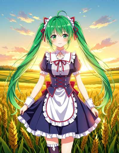 In this vibrant anime-style illustration, a young girl stands gracefully in the middle of a golden wheat field, bathed in the warm hues of a setting sun. The sky above is a brilliant blue, adorned with soft, fluffy clouds tinged with shades of pink and purple, adding a dreamy quality to the scene. The girl, with her long, flowing green hair styled into two high pigtails, exudes a sense of elegance and charm. She is dressed in a traditional Japanese maid outfit, predominantly blue with white accents, featuring a white collar and a red bow at the center. Her ensemble is completed with white cuffs on her sleeves, a white apron, and a corset-like top with red laces. She stands with her hands gently resting on the sides of her dress, her legs slightly apart, and a serene smile gracing her face. The overall composition captures a moment of tranquil beauty, blending the natural landscape with the delicate artistry of anime illustration.