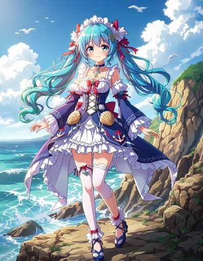 This captivating image features a beautifully detailed scene of a young girl standing on a rocky, cliff-like area. The girl is dressed in an enchanting outfit that includes a white and blue dress adorned with seashells, a red bow, and a blue anchor. Her ensemble is complemented by white stockings, blue shoes, and a blue and white cape. She has long, wavy hair that is a striking blend of blue and green, cascading down her back. Her hair is styled with a white and red bow, and she wears a blue and white necklace. The girl's face is serene, with a gentle smile, and she has large, expressive blue eyes. The background showcases a vast, blue ocean with white waves crashing against the rocks, and a clear blue sky dotted with fluffy white clouds. The overall composition is both serene and dynamic, capturing the essence of a picturesque, coastal adventure.