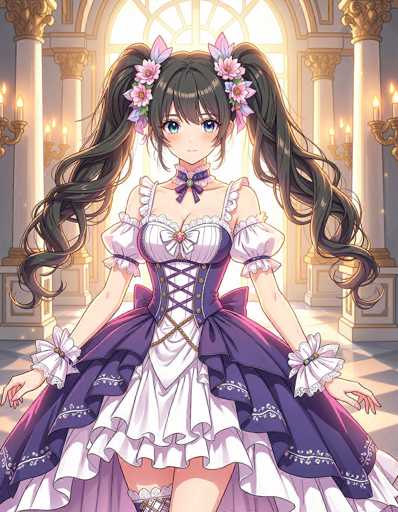 The image features a detailed drawing of an anime-style girl standing in a grand, ornate room. She has long, dark brown hair styled into two high pigtails, each adorned with pink flowers. Her large, expressive blue eyes and small, delicate features give her a sweet appearance. She is dressed in a white and purple corseted gown with a bustier, which has a purple corset laced up the front. The dress is complemented by white sleeves and a purple bow tie at the neckline. Her wrists are decorated with white, flower-shaped bracelets. The room around her is grand, with tall white columns topped with gold accents and a large, arched window behind her, through which light streams in. The floor beneath her is a striking black and white checkerboard pattern, adding to the room's elegance.