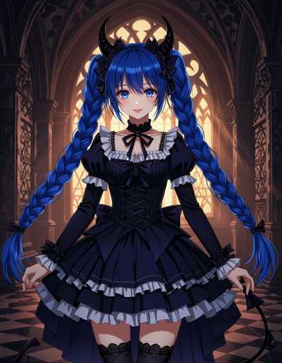 A young girl with blue hair and a black dress stands in front of an ornate archway, holding a staff and wearing a pointed hat.