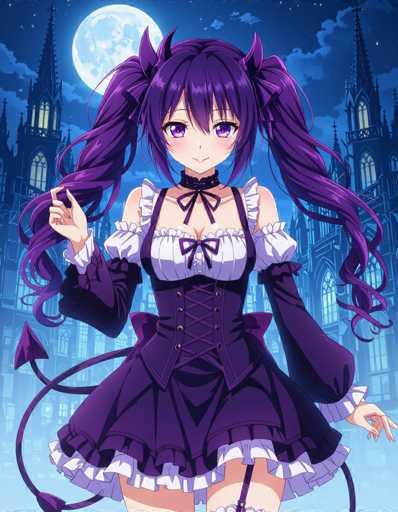 A young girl with long purple hair and a purple dress stands in front of a castle at night, holding a wand.