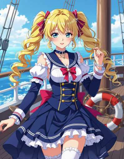 A young girl with blonde hair and blue eyes is standing on a boat deck wearing a blue dress with white lace trim and red ribbons at the waist. She has her arms outstretched in front of her and is looking directly at the camera.