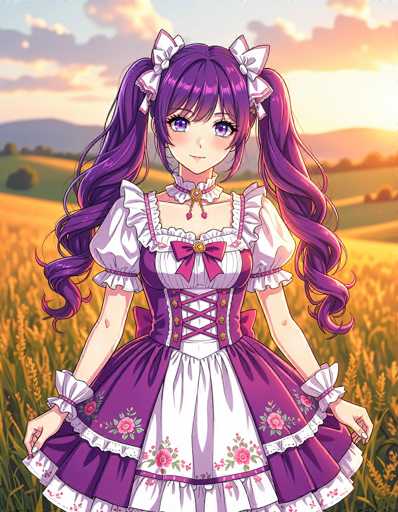 In this captivating image, a young girl stands gracefully in the middle of a vast field, her presence drawing immediate attention. She is adorned in a charming dress that features a delightful combination of purple and white hues. The dress is accentuated with a pink bow at the top, adding a touch of whimsy to her attire. Her long, curly hair cascades down her back, adorned with two elegant white bows that frame her face. Her striking purple eyes and the delicate blush on her cheeks give her an ethereal appearance, as if she has just stepped out of a fairy tale. The background is a serene landscape of rolling hills and lush green grass, bathed in the warm, golden light of a setting sun. The sky above is a canvas of soft blue, dotted with fluffy white clouds, completing this picturesque scene.