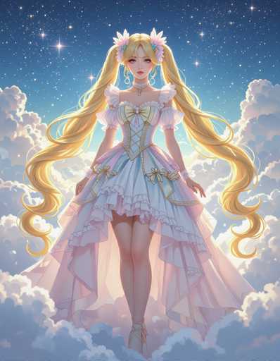A young girl with blonde hair and blue eyes is depicted wearing a white dress adorned with gold accents and a tiara on her head. She stands against the backdrop of a starry night sky filled with clouds.