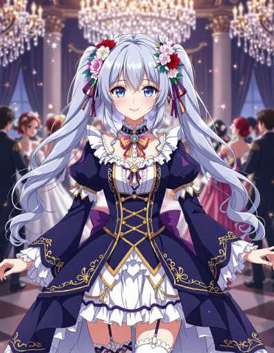 A young girl with long blonde hair and blue eyes stands in a grand room adorned with chandeliers and gold accents. She is wearing a blue dress with white ruffles and a matching headpiece of flowers. The background shows other people dressed in formal attire, suggesting the setting could be a ball or similar social event.