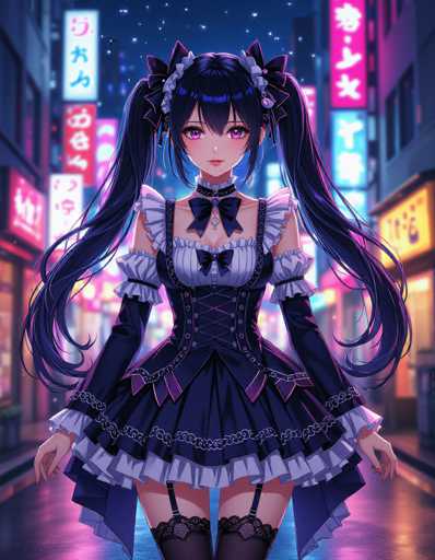 A young girl with long dark hair and a black dress stands on the street at night, her arms crossed over her chest as she gazes directly into the camera. The background is filled with neon signs and buildings, creating an urban atmosphere that complements the girl's attire.