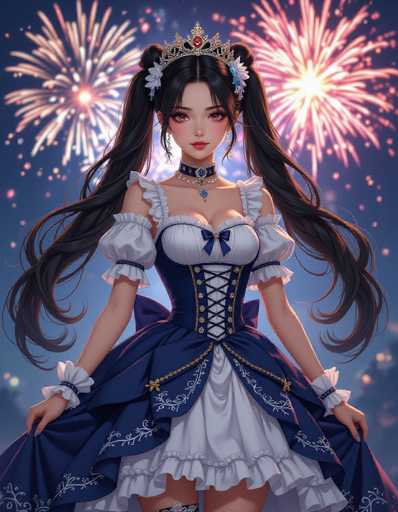 A woman with long dark hair is standing against a backdrop of fireworks and a blue sky. She is wearing a blue dress with white ruffles and a gold necklace. The fireworks are in the background, creating a festive atmosphere.