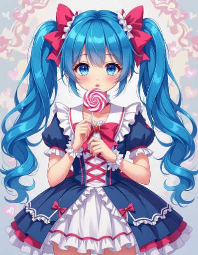 A young girl with blue hair is shown holding a lollipop and wearing a blue dress with white lace trim. The background features pink hearts against a light gray color.